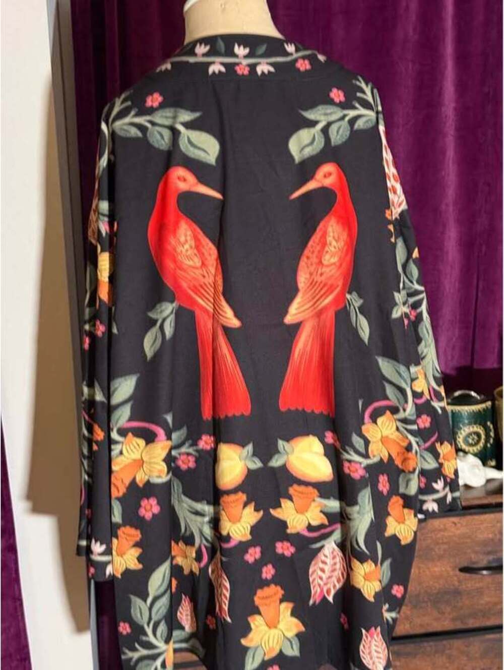 XL Kimono top, jacket $15 Black, birds, flowers.